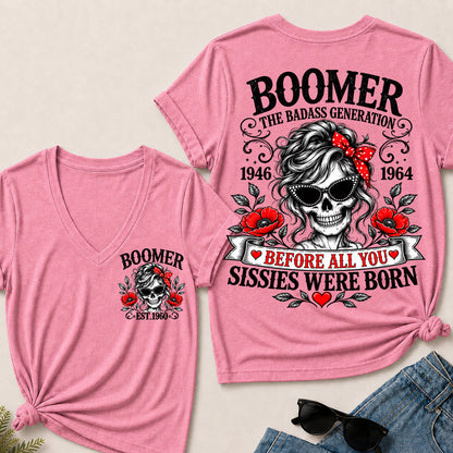 Boomer The Badass Generation Before All You Sissies Were Born – Custom EST.Year Floral Skull Women’s V-Neck T-Shirt