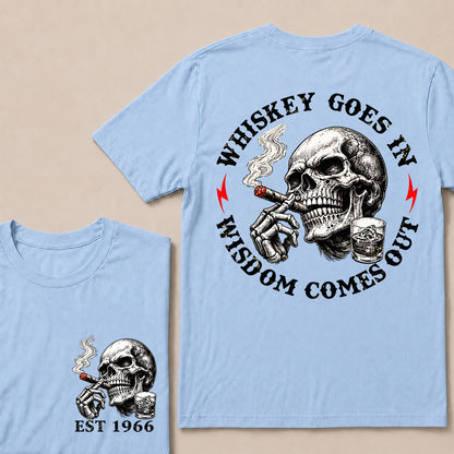 Whiskey Goes In Wisdom Comes Out – Custom EST.Year Whiskey & Cigar Skull Graphic T-Shirt