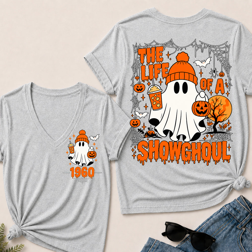 The Life of a Showghoul – Custom Birth Year Halloween Ghost & Pumpkin Women’s V-Neck T-Shirt