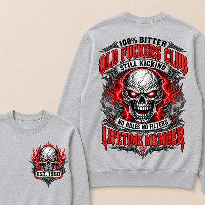 100% Bitter Old Fuckers Club Lifetime Member – Custom EST.Year Red-Eyed Skull Graphic Sweatshirt