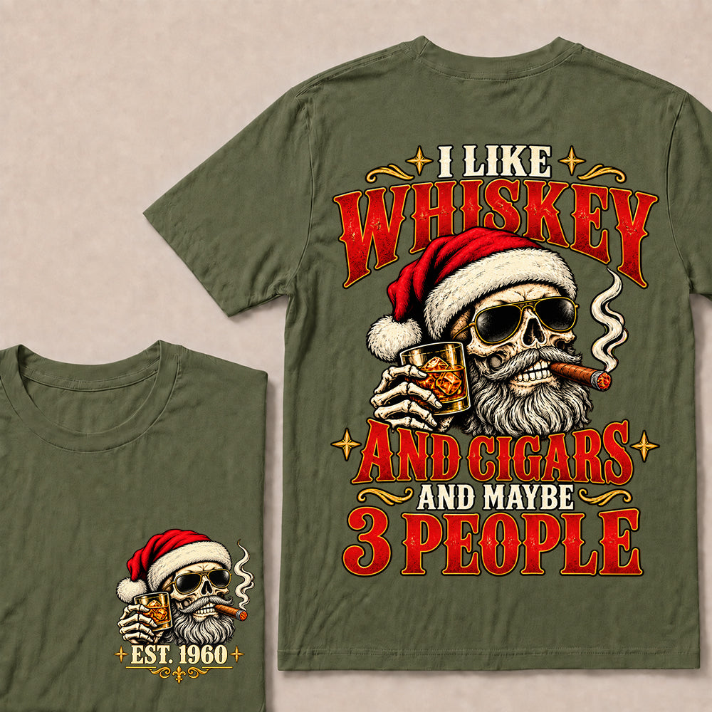 I Like Whiskey and Cigars and Maybe 3 People – Custom EST.Year Vintage Santa Skull Christmas T-Shirt