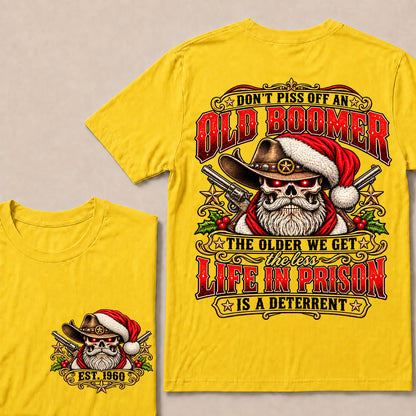 Don’t Piss Off an Old Boomer – Custom EST.Year Vintage Christmas Cowboy Skull & Revolvers T-Shirt