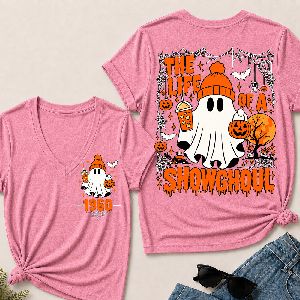 The Life of a Showghoul – Custom Birth Year Halloween Ghost & Pumpkin Women’s V-Neck T-Shirt