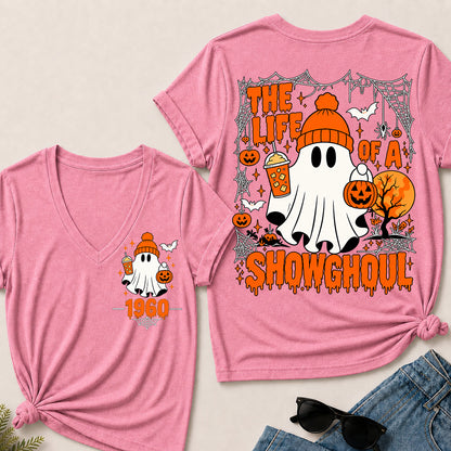 The Life of a Showghoul – Custom Birth Year Halloween Ghost & Pumpkin Women’s V-Neck T-Shirt