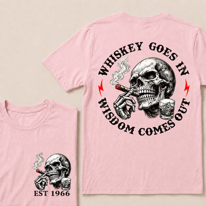 Whiskey Goes In Wisdom Comes Out – Custom EST.Year Whiskey & Cigar Skull Graphic T-Shirt