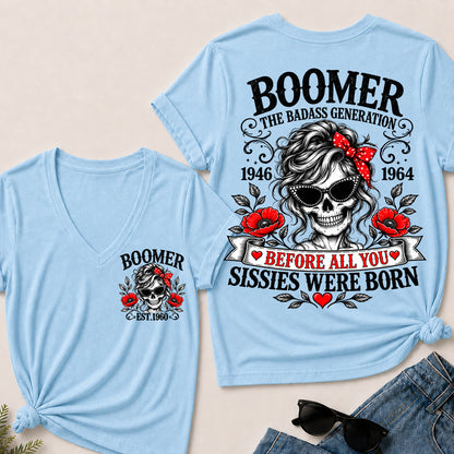 Boomer The Badass Generation Before All You Sissies Were Born – Custom EST.Year Floral Skull Women’s V-Neck T-Shirt