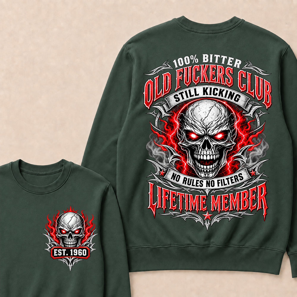100% Bitter Old Fuckers Club Lifetime Member – Custom EST.Year Red-Eyed Skull Graphic Sweatshirt
