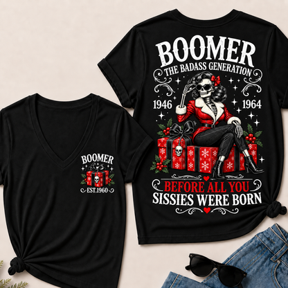 Boomer The Badass Generation Before All You Sissies Were Born – Custom EST. Year Christmas Skeleton & Gifts Women’s V-Neck T-Shirt