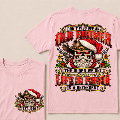 Don’t Piss Off an Old Boomer – Custom EST.Year Vintage Christmas Cowboy Skull & Revolvers T-Shirt