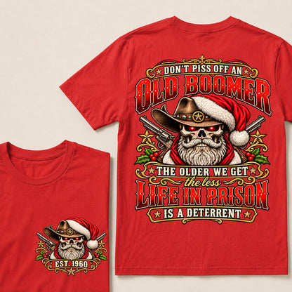 Don’t Piss Off an Old Boomer – Custom EST.Year Vintage Christmas Cowboy Skull & Revolvers T-Shirt