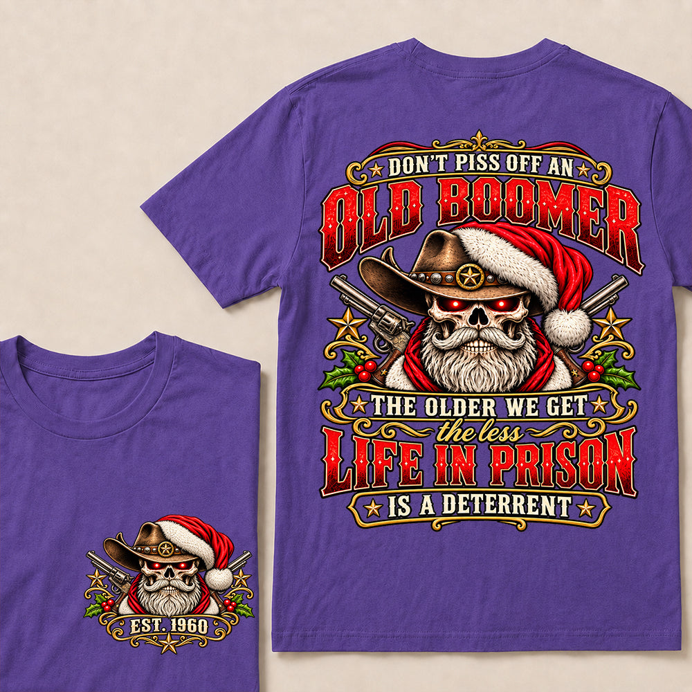 Don’t Piss Off an Old Boomer – Custom EST.Year Vintage Christmas Cowboy Skull & Revolvers T-Shirt