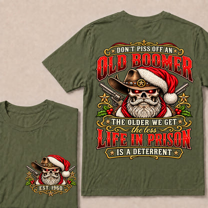 Don’t Piss Off an Old Boomer – Custom EST.Year Vintage Christmas Cowboy Skull & Revolvers T-Shirt