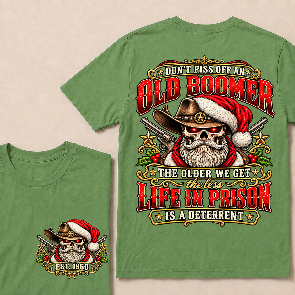 Don’t Piss Off an Old Boomer – Custom EST.Year Vintage Christmas Cowboy Skull & Revolvers T-Shirt
