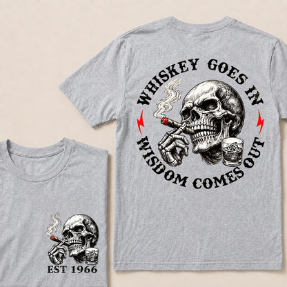 Whiskey Goes In Wisdom Comes Out – Custom EST.Year Whiskey & Cigar Skull Graphic T-Shirt
