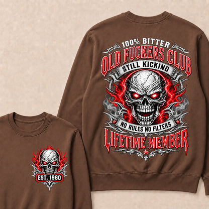 100% Bitter Old Fuckers Club Lifetime Member – Custom EST.Year Red-Eyed Skull Graphic Sweatshirt
