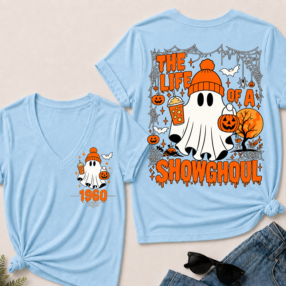 The Life of a Showghoul – Custom Birth Year Halloween Ghost & Pumpkin Women’s V-Neck T-Shirt