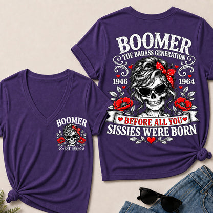 Boomer The Badass Generation Before All You Sissies Were Born – Custom EST.Year Floral Skull Women’s V-Neck T-Shirt