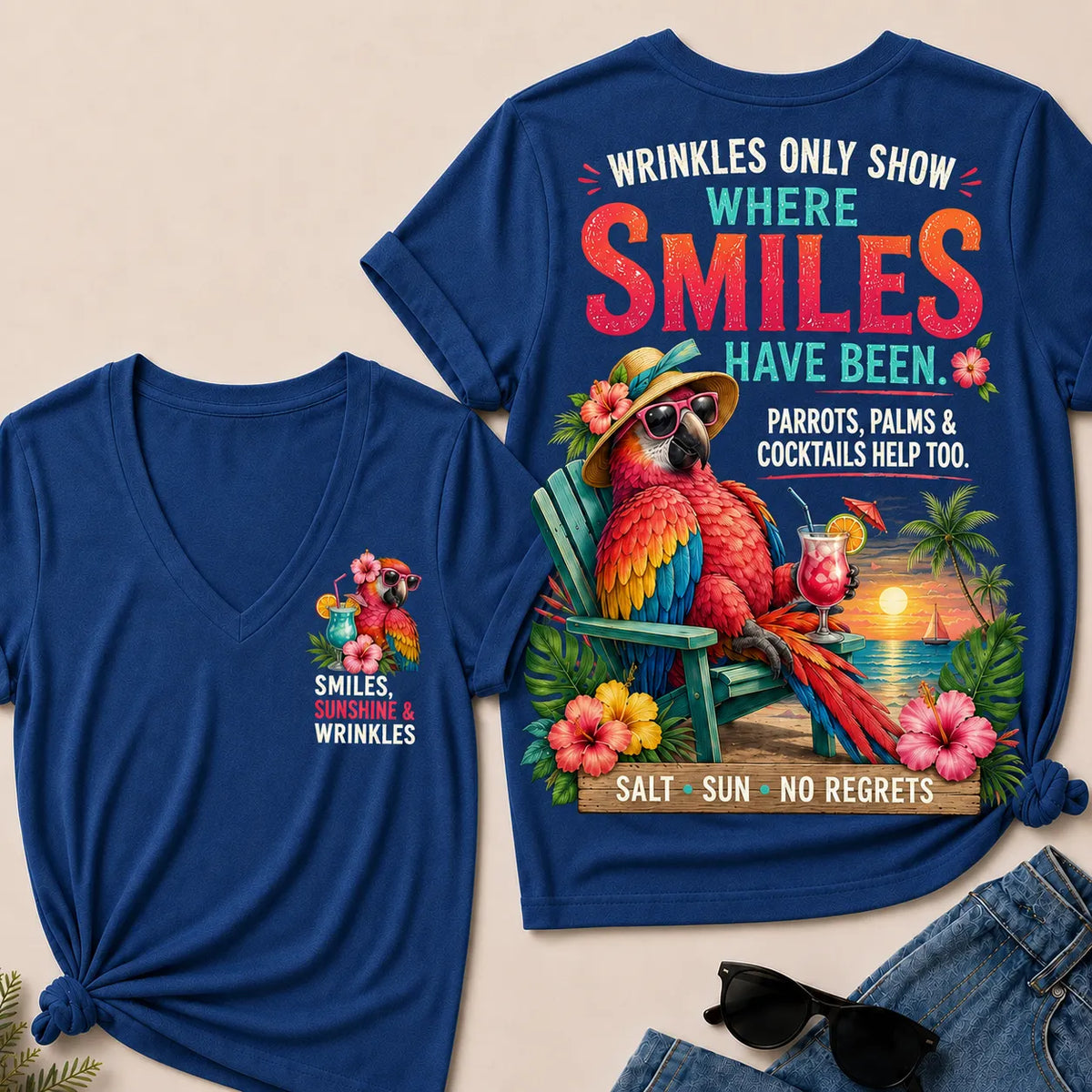 Wrinkles Only Show Where Smiles Have Been Funny Retirement V-Neck Tee For Women – Tropical Parrot Beach Vacation Graphic V-Ne