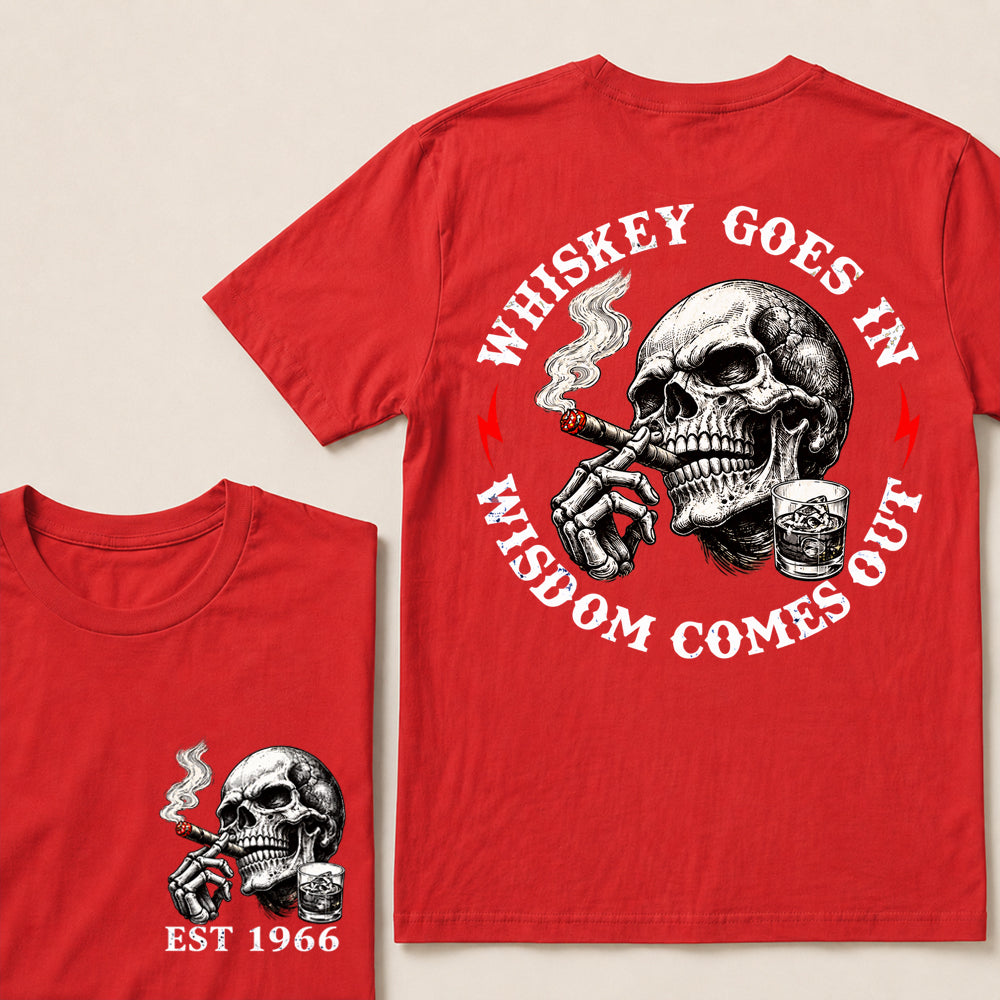 Whiskey Goes In Wisdom Comes Out – Custom EST.Year Whiskey & Cigar Skull Graphic T-Shirt