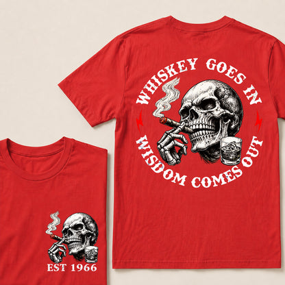 Whiskey Goes In Wisdom Comes Out – Custom EST.Year Whiskey & Cigar Skull Graphic T-Shirt