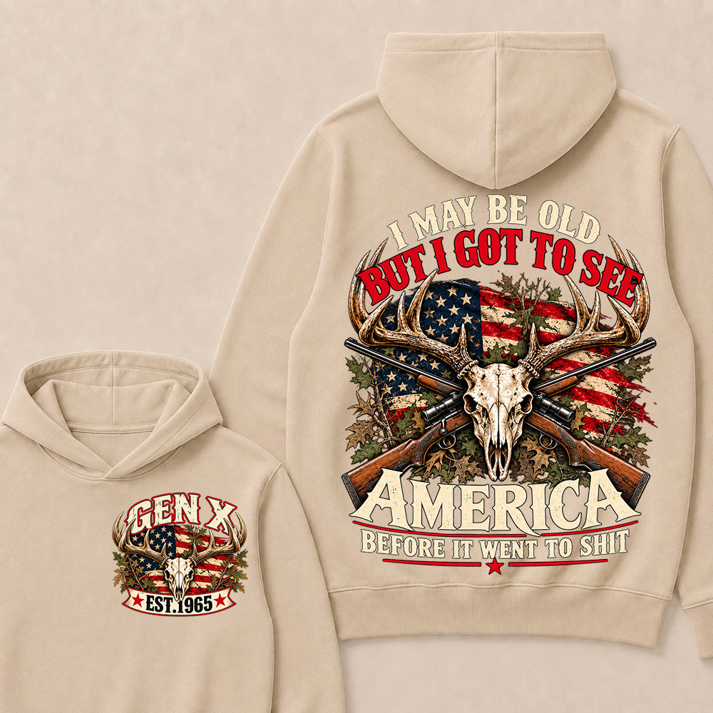 Funny Gen X Hunter Hoodie, Vintage Deer Skull American Flag Tee, Retro 1965 Hunting Gift, Patriotic Hunter Hoodie