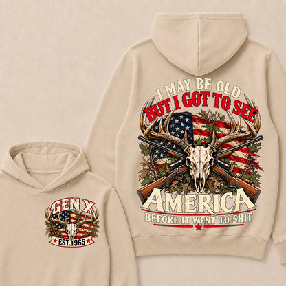 Funny Gen X Hunter Hoodie, Vintage Deer Skull American Flag Tee, Retro 1965 Hunting Gift, Patriotic Hunter Hoodie