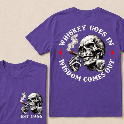 Whiskey Goes In Wisdom Comes Out – Custom EST.Year Whiskey & Cigar Skull Graphic T-Shirt