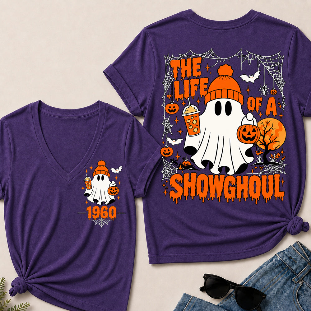 The Life of a Showghoul – Custom Birth Year Halloween Ghost & Pumpkin Women’s V-Neck T-Shirt
