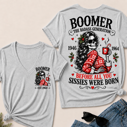 Boomer The Badass Generation Before All You Sissies Were Born – Custom EST. Year Christmas Sweater Skeleton Women’s V-Neck T-Shirt