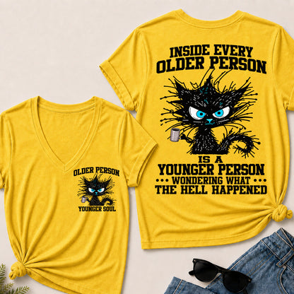 Inside Every Older Person – Funny Black Cat Women's V-Neck T-Shirt