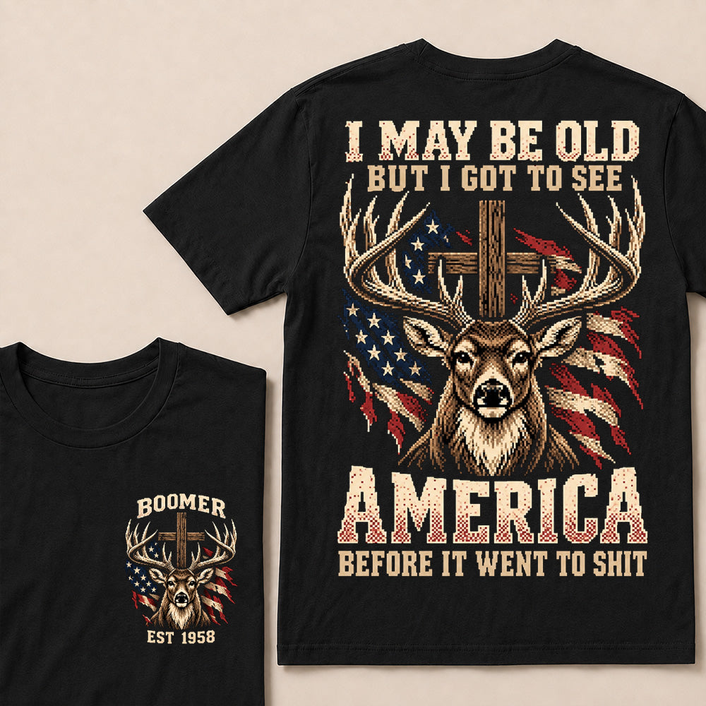 Retro Pixel Buck Deer & Cross T-Shirt | Patriotic Hunting "I May Be Old" Graphic Tee