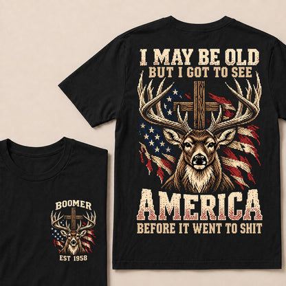 Retro Pixel Buck Deer & Cross T-Shirt | Patriotic Hunting "I May Be Old" Graphic Tee