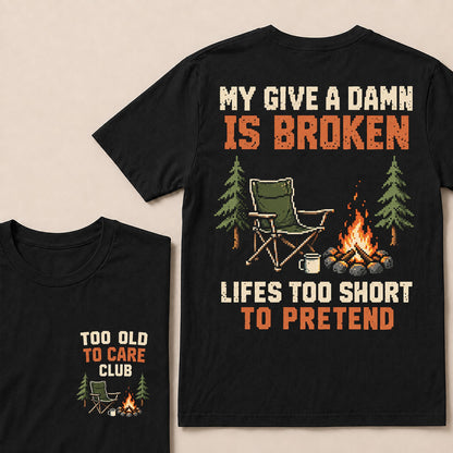 Retro Pixel Campfire & Chair T-Shirt | "My Give A Damn Is Broken" Funny Camping Tee