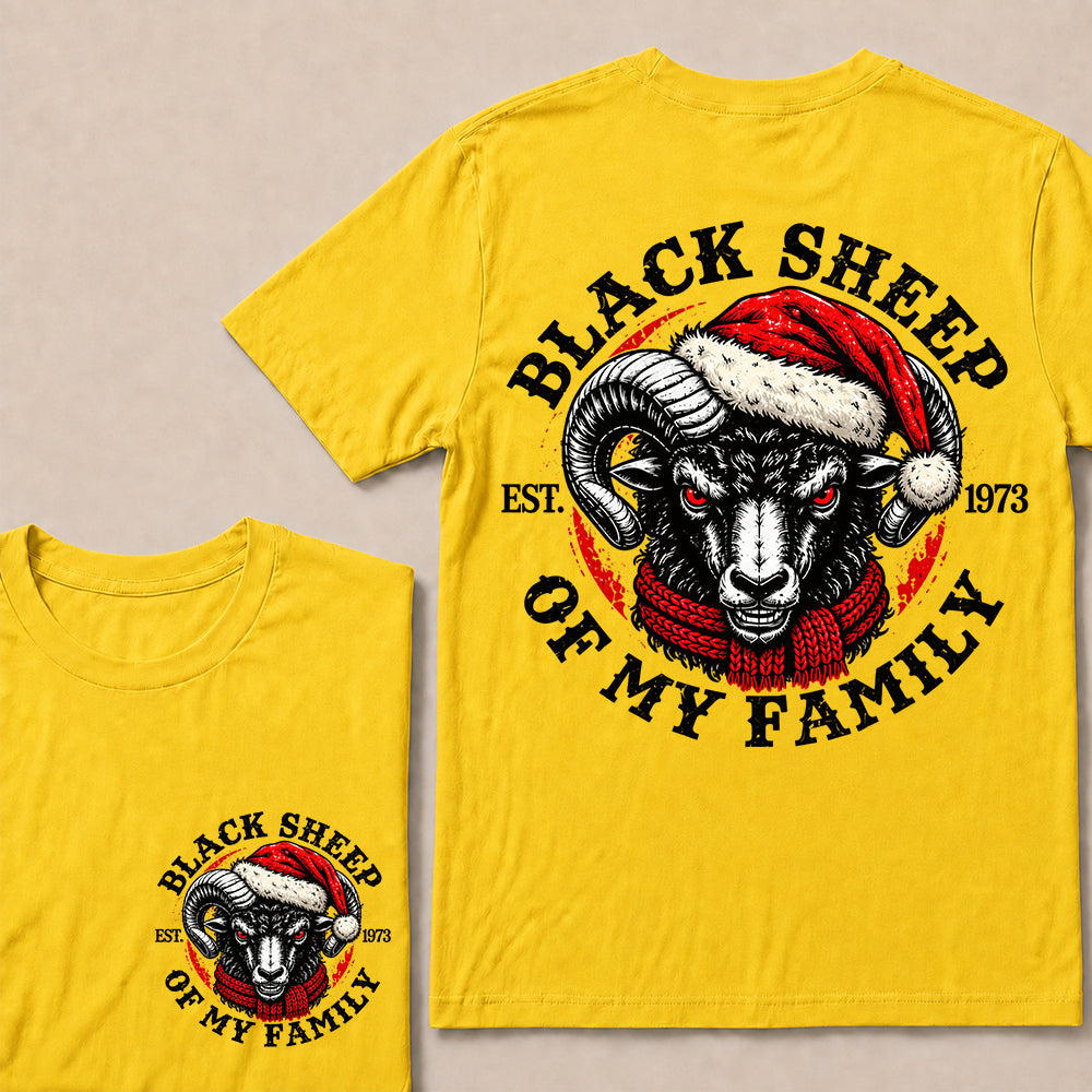 Black Sheep of My Family – Custom EST. Year Christmas Ram & Red Scarf Graphic T-Shirt