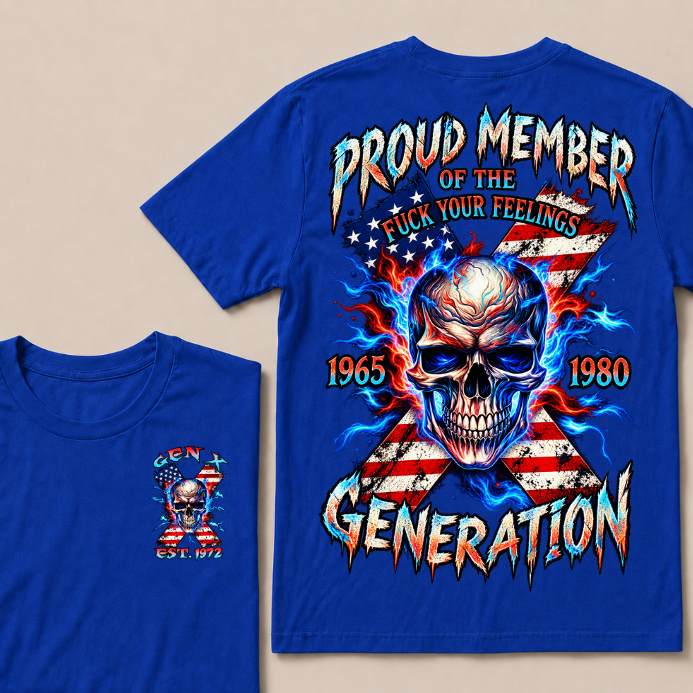 Gen X EST.Year Proud Member Of The Generation Fire Skull American Flag X Graphic T-Shirt