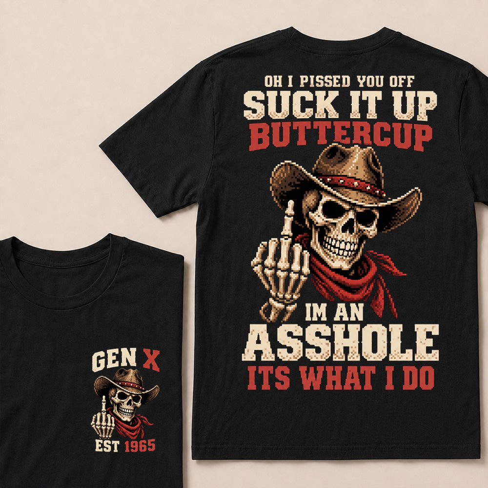 Retro Pixel Cowboy Skull Graphic Tee | "Suck It Up Buttercup" Gen X Sarcastic T-Shirt