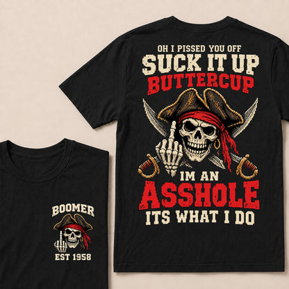 Retro Pixel Pirate Skull T-Shirt | Crossed Cutlasses & Red Bandana "Suck It Up" Graphic Tee