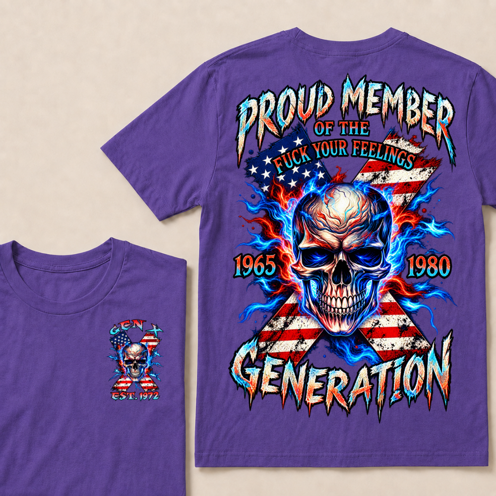 Gen X EST.Year Proud Member Of The Generation Fire Skull American Flag X Graphic T-Shirt