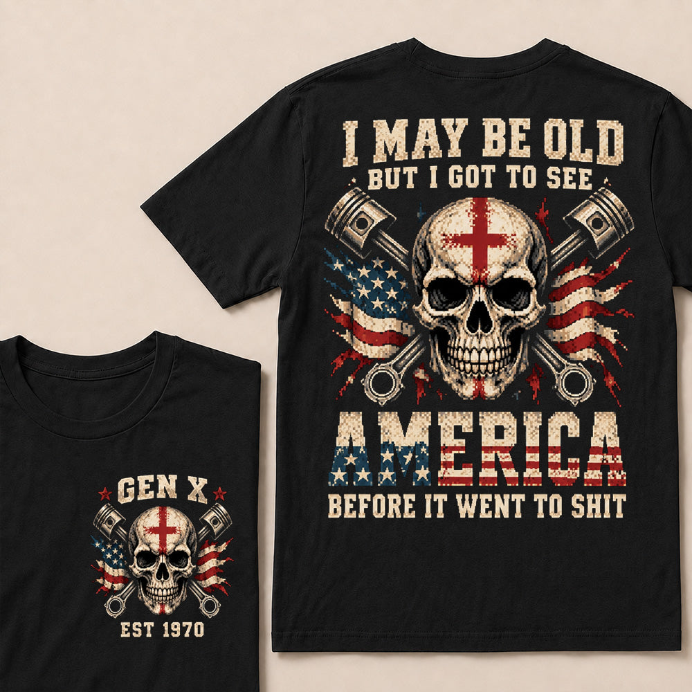Retro Pixel Crossed Pistons & Skull T-Shirt | Patriotic Biker "I May Be Old" Graphic Tee