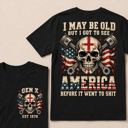Retro Pixel Crossed Pistons & Skull T-Shirt | Patriotic Biker "I May Be Old" Graphic Tee