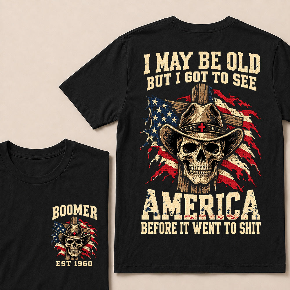 Vintage Western Cowboy Skull T-Shirt | Cross Hat & American Flag "I May Be Old" Graphic Tee