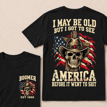 Vintage Western Cowboy Skull T-Shirt | Cross Hat & American Flag "I May Be Old" Graphic Tee