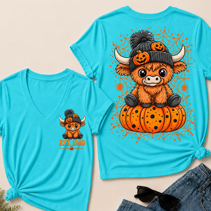Custom EST.Year Cute Halloween Highland Cow & Pumpkin Women’s V-Neck T-Shirt