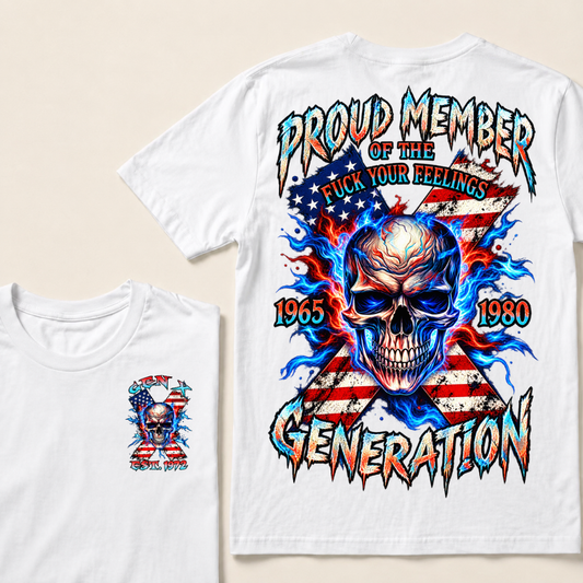 Gen X EST.Year Proud Member Of The Generation Fire Skull American Flag X Graphic T-Shirt