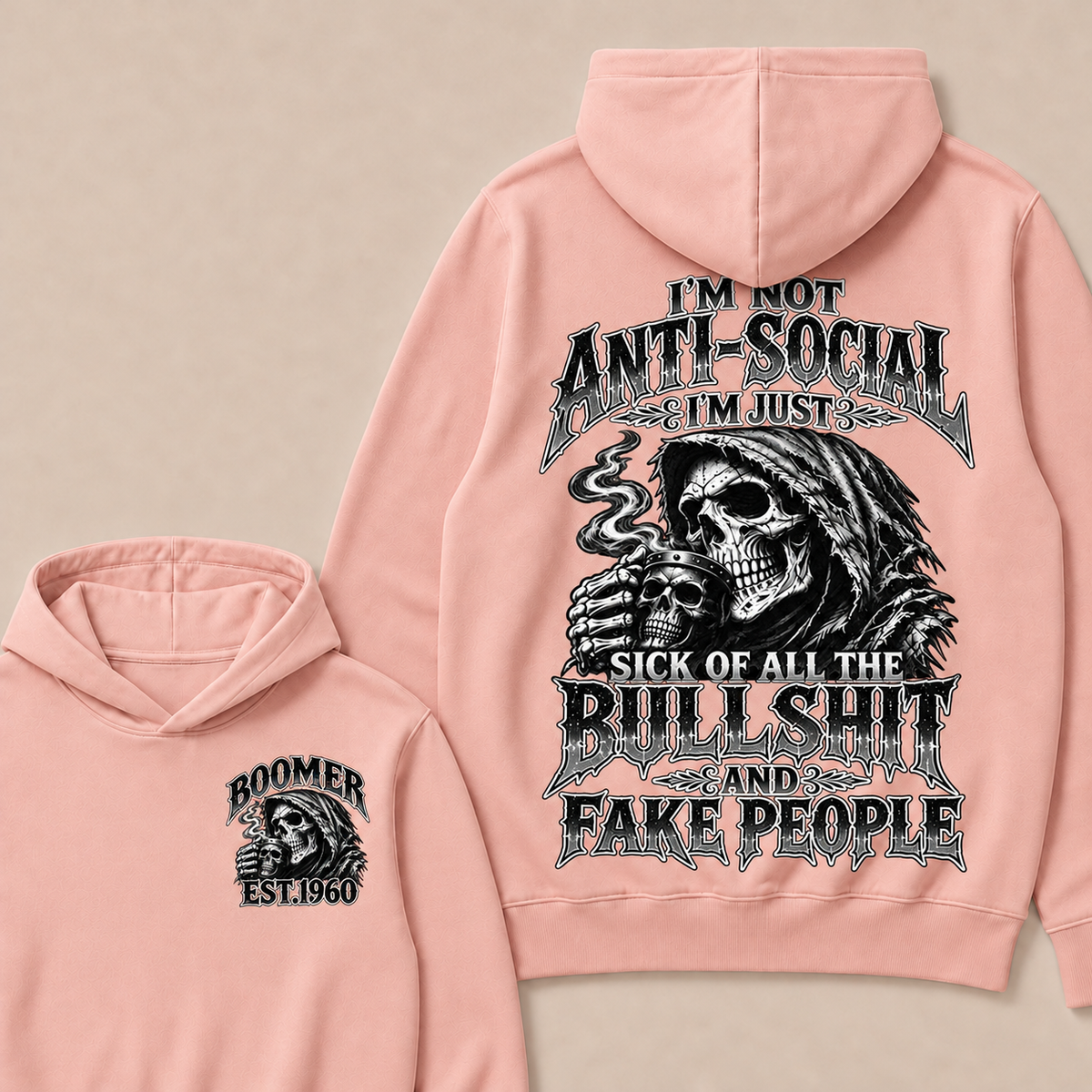 Custom EST.Year I'm Not Anti-Social I'm Just Sick Of All The Bullshit And Fake People – Boomer Vintage Skull Graphic Hoodie