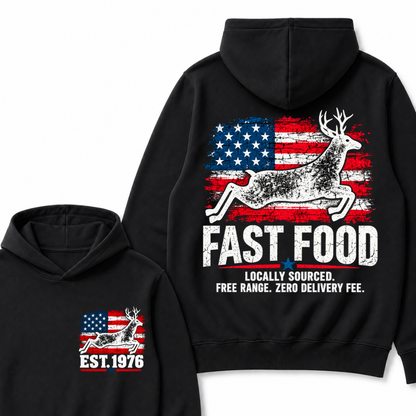 Fast Food Deer Hunting T-Shirt, Locally Sourced Free Range Zero Delivery Fee Vintage American Flag EST.Year Hunter Graphic Hoodie