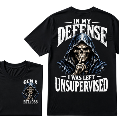 Gen X EST.Year Grim Reaper Skull In My Defense I Was Left Unsupervised Vintage Graphic T-Shirt