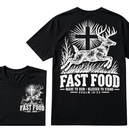 EST.Year Fast Food Made To Run Blessed To Stand Psalm 18:33 Deer Cross Hunting T-Shirt