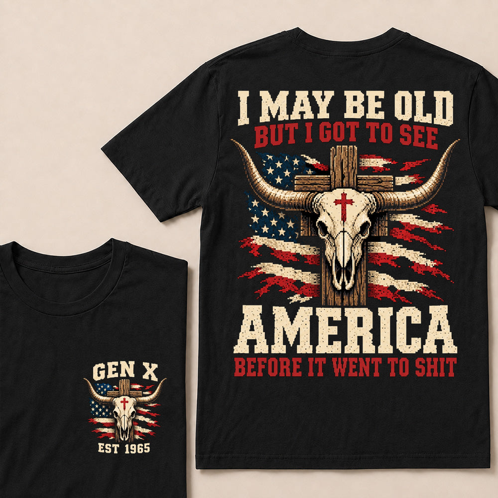 Retro Western Cow Skull & Cross Tee | Distressed American Flag Patriotic Graphic T-Shirt