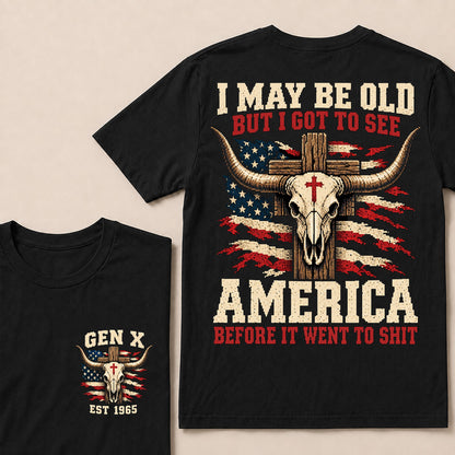 Retro Western Cow Skull & Cross Tee | Distressed American Flag Patriotic Graphic T-Shirt